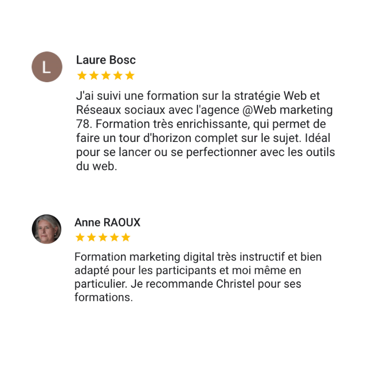 avis google 5 étoiles formation réseaux sociaux